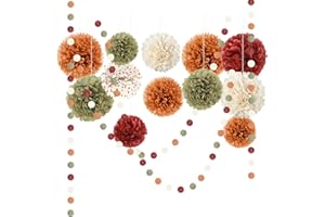 NICROLANDEE Fall Wedding Decorations - 15 PCS Pumpkin Orange Sage Green Ivory Tissue Pom Poms Decor, Dots Paper Garland for Thanksgiving, Baby Shower, Autumn Harvest Party Supplies