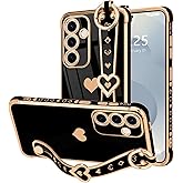 LLZ.COQUE for Samsung Galaxy S25 Plus Case Cute Love-Heart Plating Strap for Women Girls Bling Silicone Camera Protection Bumper Shockproof Phone Case for Samsung Galaxy S25 Plus 5G (6.7'')-Black
