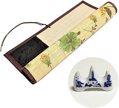 Amazon 竹製 花柄 筆巻き 筆入れ 書道 習字 水墨画 9本 収納 ポケット付き 40cm 34cm 陶器の 筆置き付 筆巻 文房具 オフィス用品