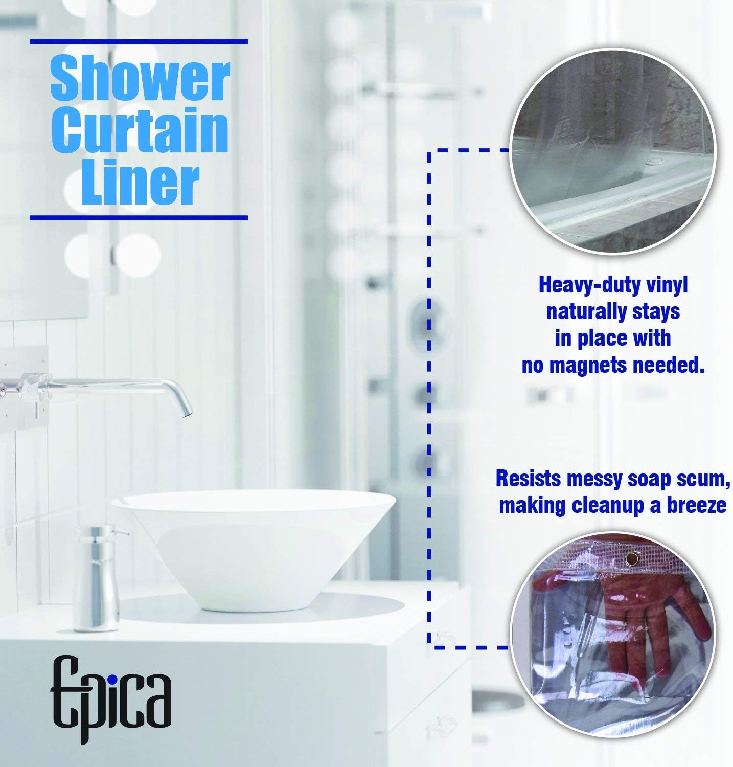 EPICA Strongest Mildew Resistant Shower Curtain Liner on The Market-100% Anti-Bacterial 10 Gauge Heavy Duty Liner-Waterproof-72x72 Inches-Clear: Home & Kitchen
