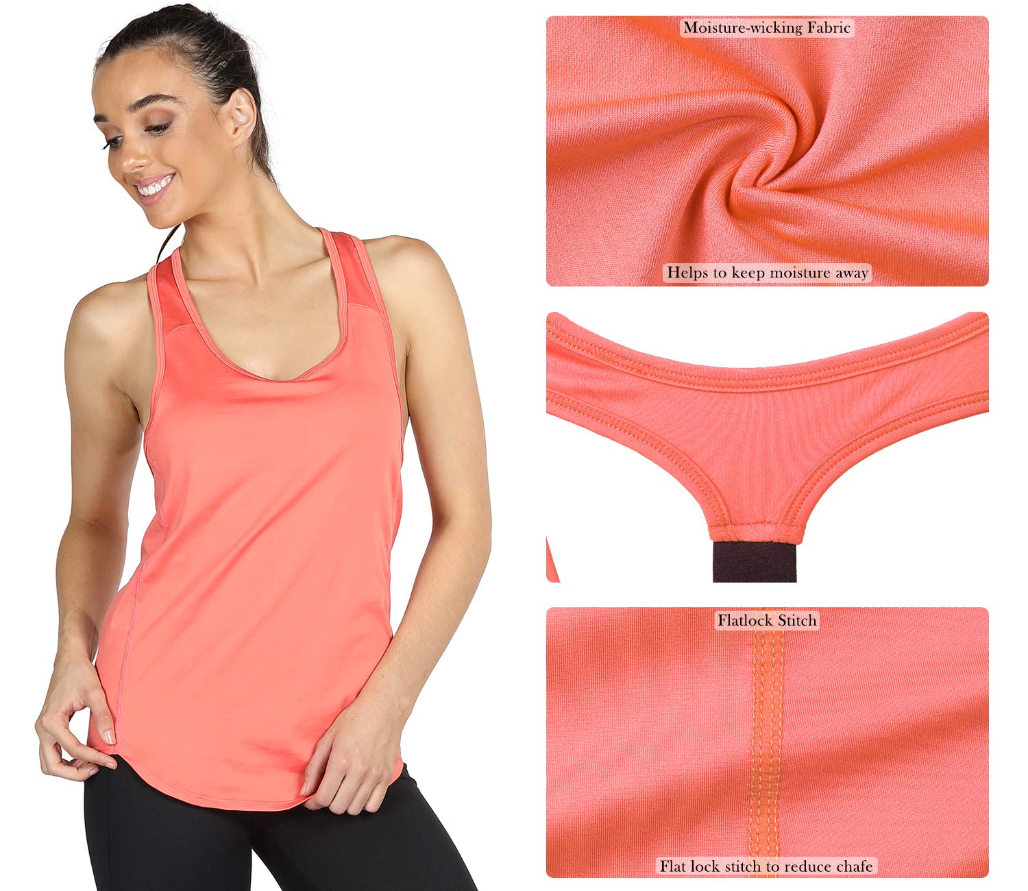 icyZone Activewear Workout Yoga Fitness Sports Racerback Tank Top T-Back Women (L, Fusion Coral)
