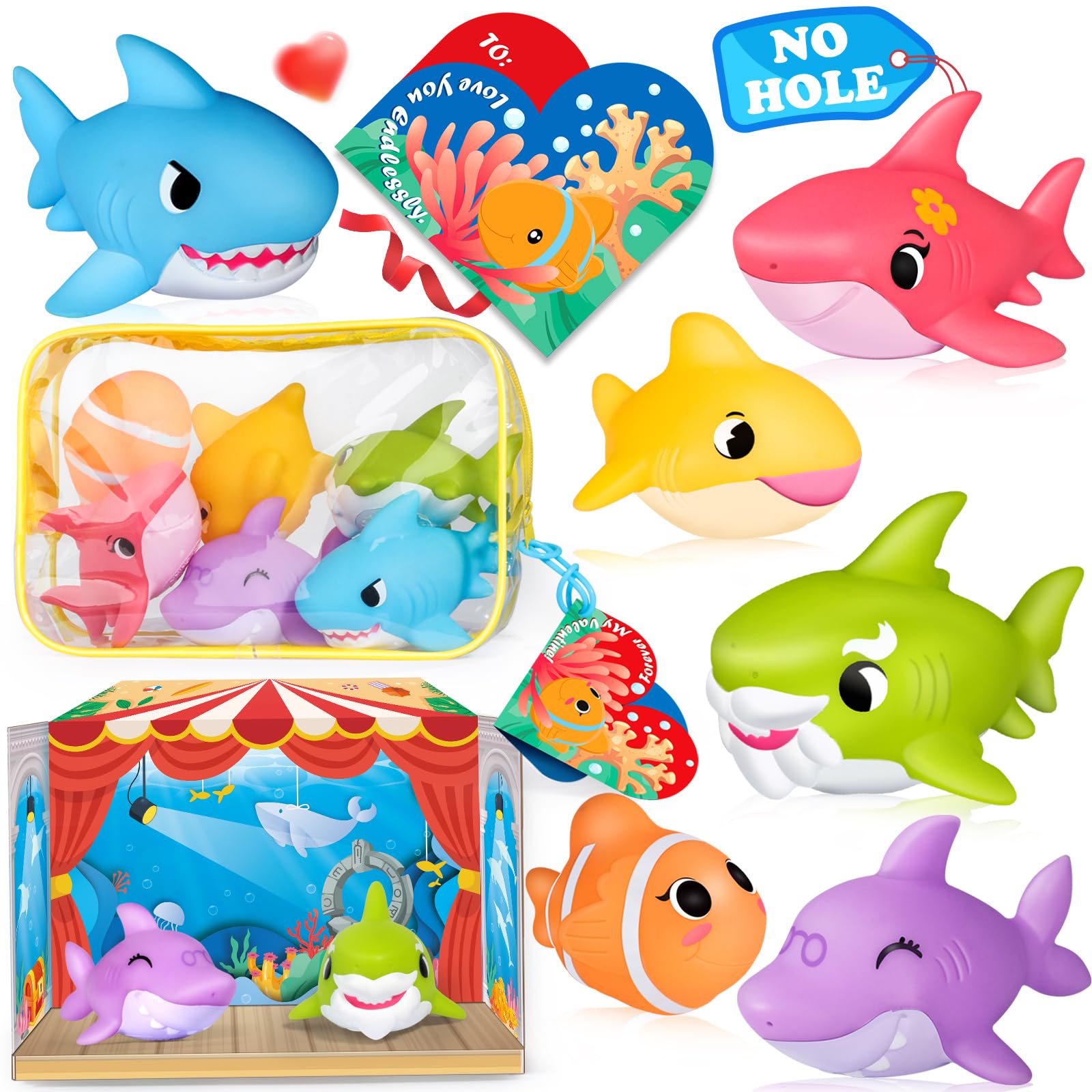 Oriate No Hole Mould Free Baby Bath Toys, 6pcs Shark Toys Toddler Swimming Pool Water Toys, Storage Bags Valentine Day Cards Hand Puppets Theater incl.Baby Bath Toy Valentines Easter Toddler Gifts