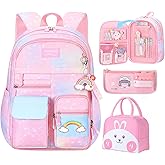 IHZZ Kawaii Backpack, Pink Backpack for Girls, Kid Starry Rainbow Bookbag, Cute Backpack for Kids, Aesthetic Backpack, Pink(3 PCS Set)