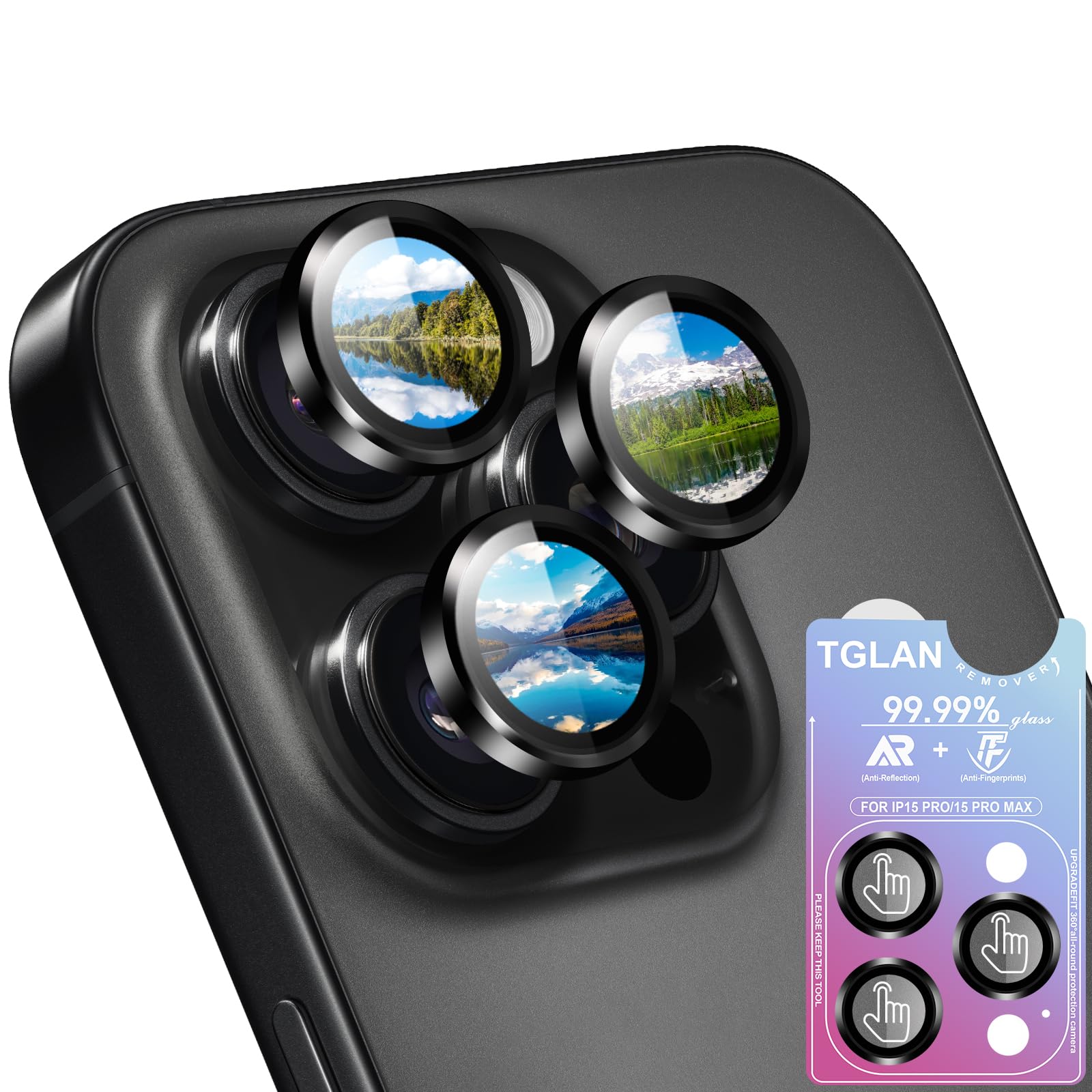 TGLAN Camera Lens Protector for iPhone 15 Pro Max/15 Pro，2026/2025 Upgraded Protection/1 Step Installation Tray/HD/Military Grade Shatterproof/1:1 Invisible Fit/9H Tempered Glass,Black