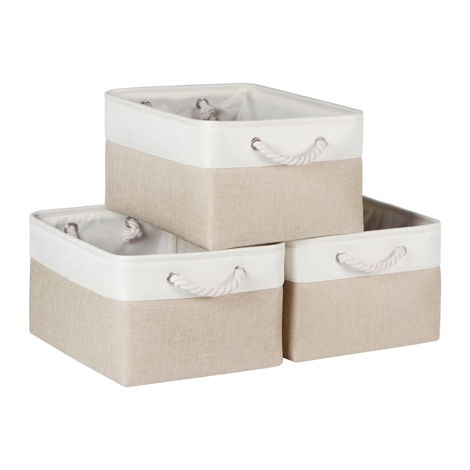 Syeeiex Storage Basket for Shelves [3-Pack], Storage Boxes with Handles, Large Fabric Storage Bins for Organizing Home and Office, White & Khaki