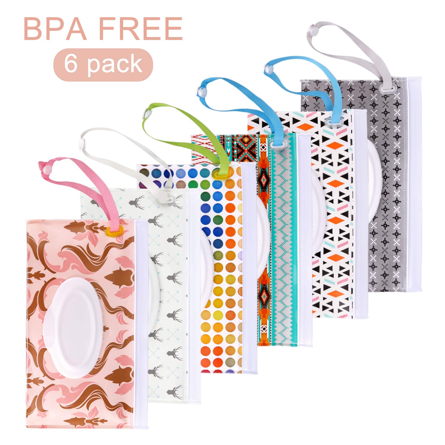 Blisstime Wet Wipe Pouch, 6 Pack Baby Wipe Holder Travel Cases, Reusable Eco-Friendly Pouches to Keep Wipes