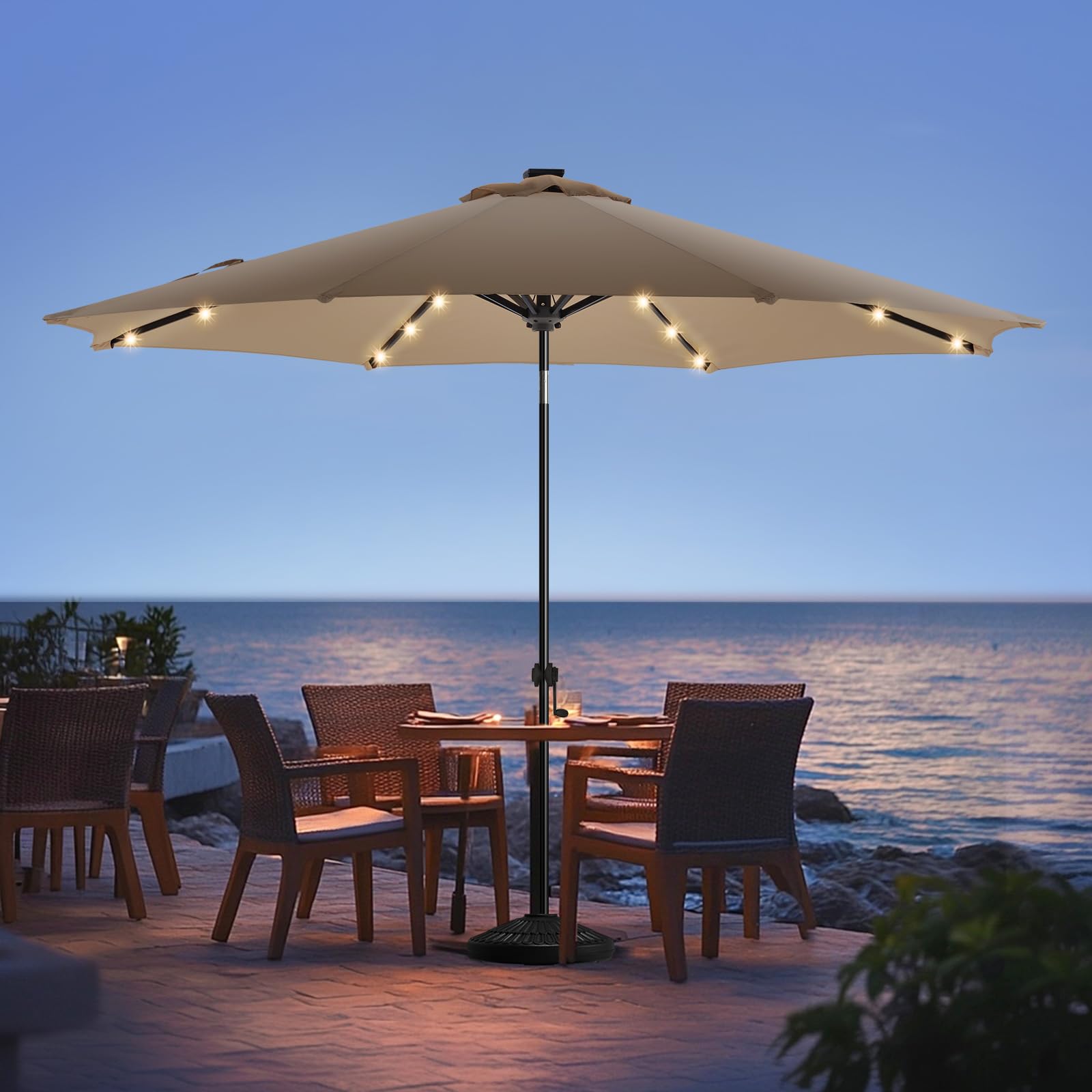 Photo 1 of wikiwiki 11ft Solar Led Patio Umbrella, Sturdy Outdoor Market Umbrella for Deck, Pool, Garden w/Tilt, Crank, 32 LED Lights, Tan