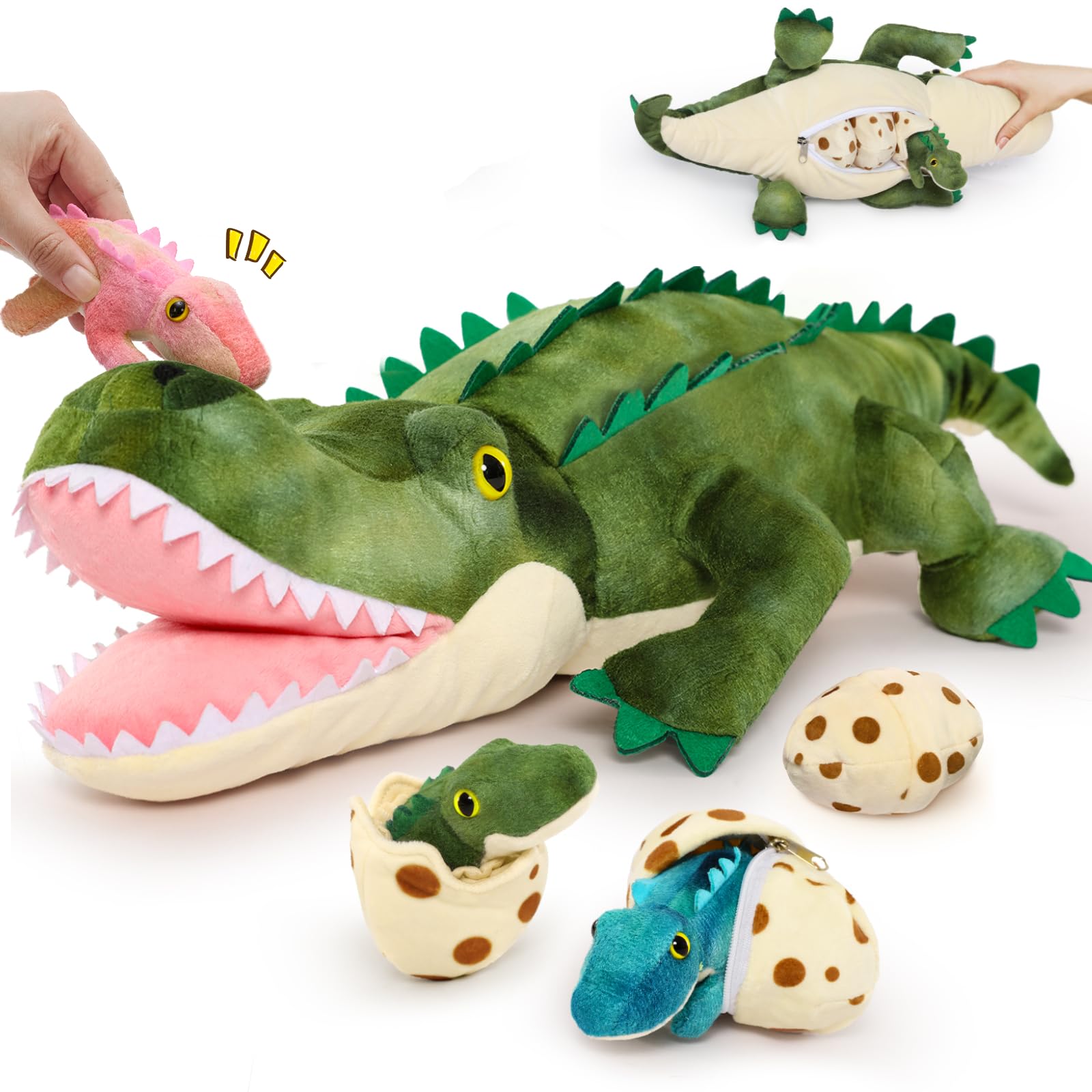 MorisMos Alligator Stuffed Animal with Babies Inside, 23.6'' Talking Mommy Stuffed Alligator Plush with 3 Baby Crocodiles & Eggs, Interactive Soft Crocodile Toys for Kid 3-5 Birthday Baby Shower Image
