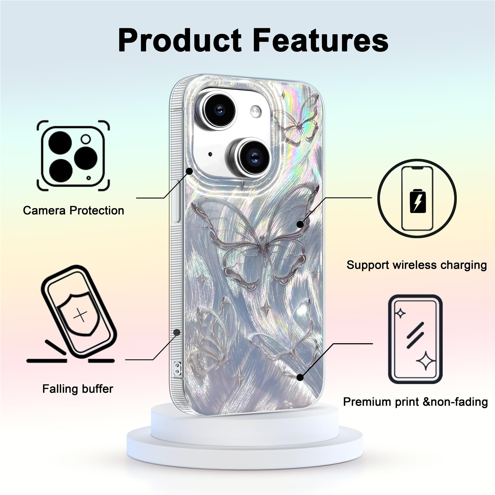 I-MGAE-IN-AR for iPhone 13 Case & iPhone 14 Case Shiny Silver Butterfly Design,Trendy Cute Soft Slim Shockproof TPU Protective Phone Cases Cover for Women Girls Aesthetic Glitter,iPhone 14/13 6.1