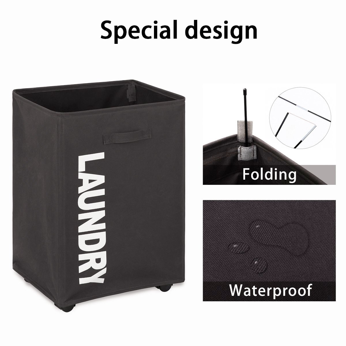 WOWLIVE Rolling Collapsible Laundry Hamper Foldable Tall Rectangular Laundry Basket with Wheels Waterproof Corner Standing Baby Home Organizer Storage Bin (Chocolate brown)