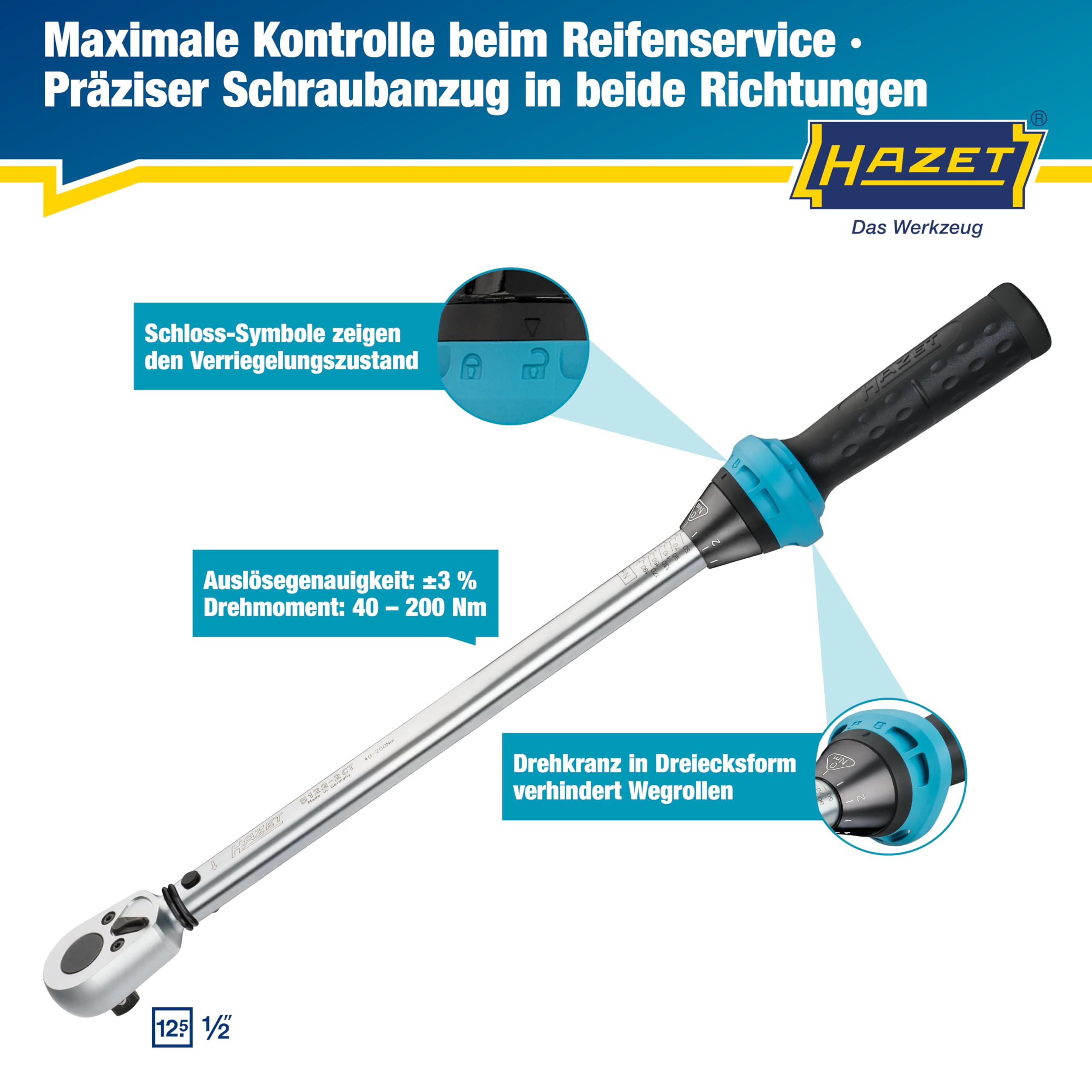 Hazet Drehmomentschlüssel 5122-2CT I Abtrieb: Vierkant 12,5 mm, 1/2 Zoll, Toleranz: 4%, 32 Zähne Betätigungswinkel 11,25 Grad I anwenderfreundliche Umschaltknarre für Auto und Fahrrad I 519mm 3