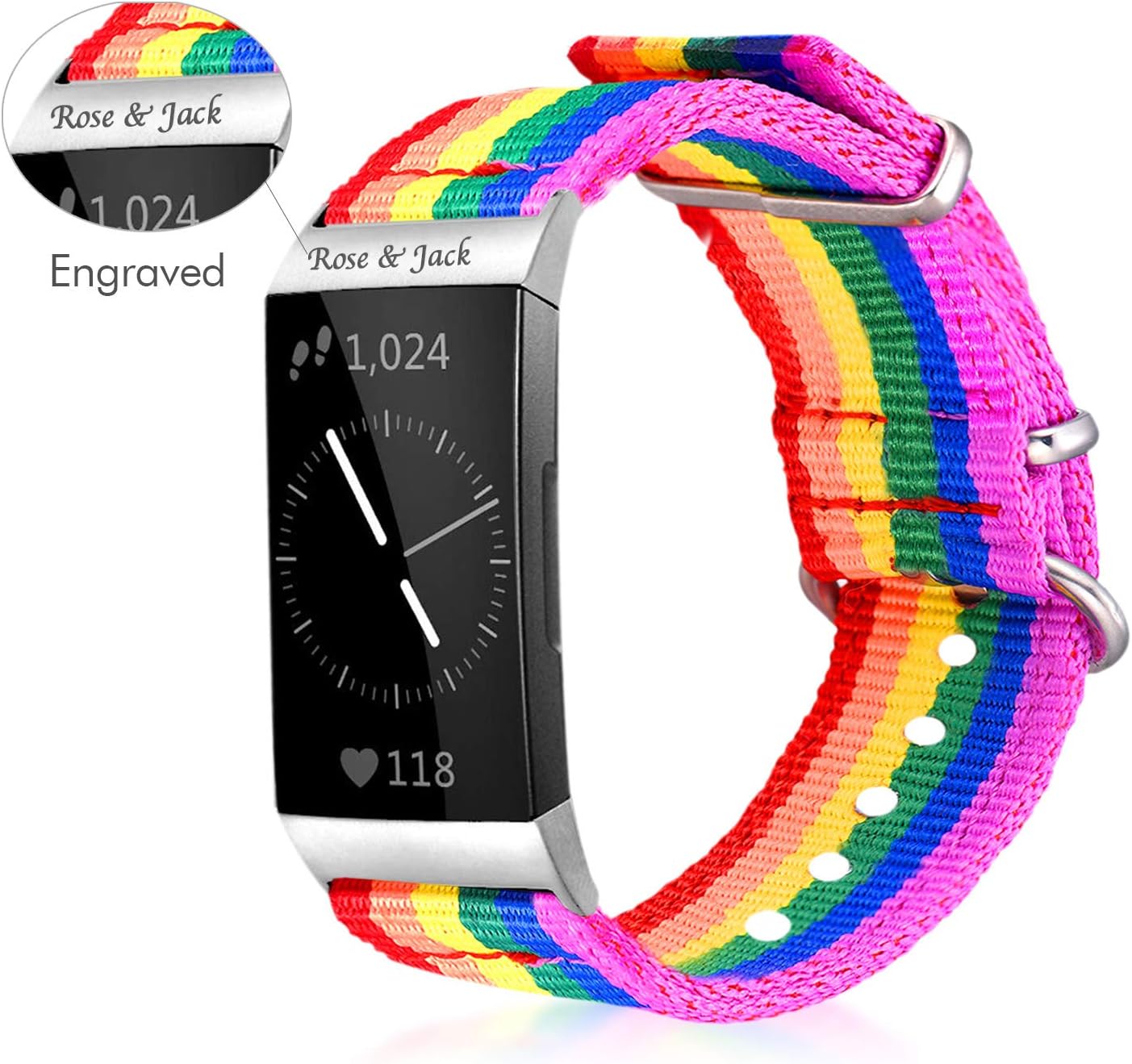 Bandmax Rainbow Bands Compatible Fitbit Charge 3 Smartwatch,Engraving Available LGBT Pride Nylon Charge 3 Watch Bands Durable Fitbit 3 Sport Straps Accessories with Adjustable Metal Clasp(Small Size)