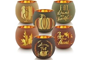 SHMILMH Thanksgiving Votive Candle Holder Set of 12, Glass Tealight Votives Holder with 6 Laser Engraving Patterns, Fall Table Centerpiece Indoor Outdoor Decor