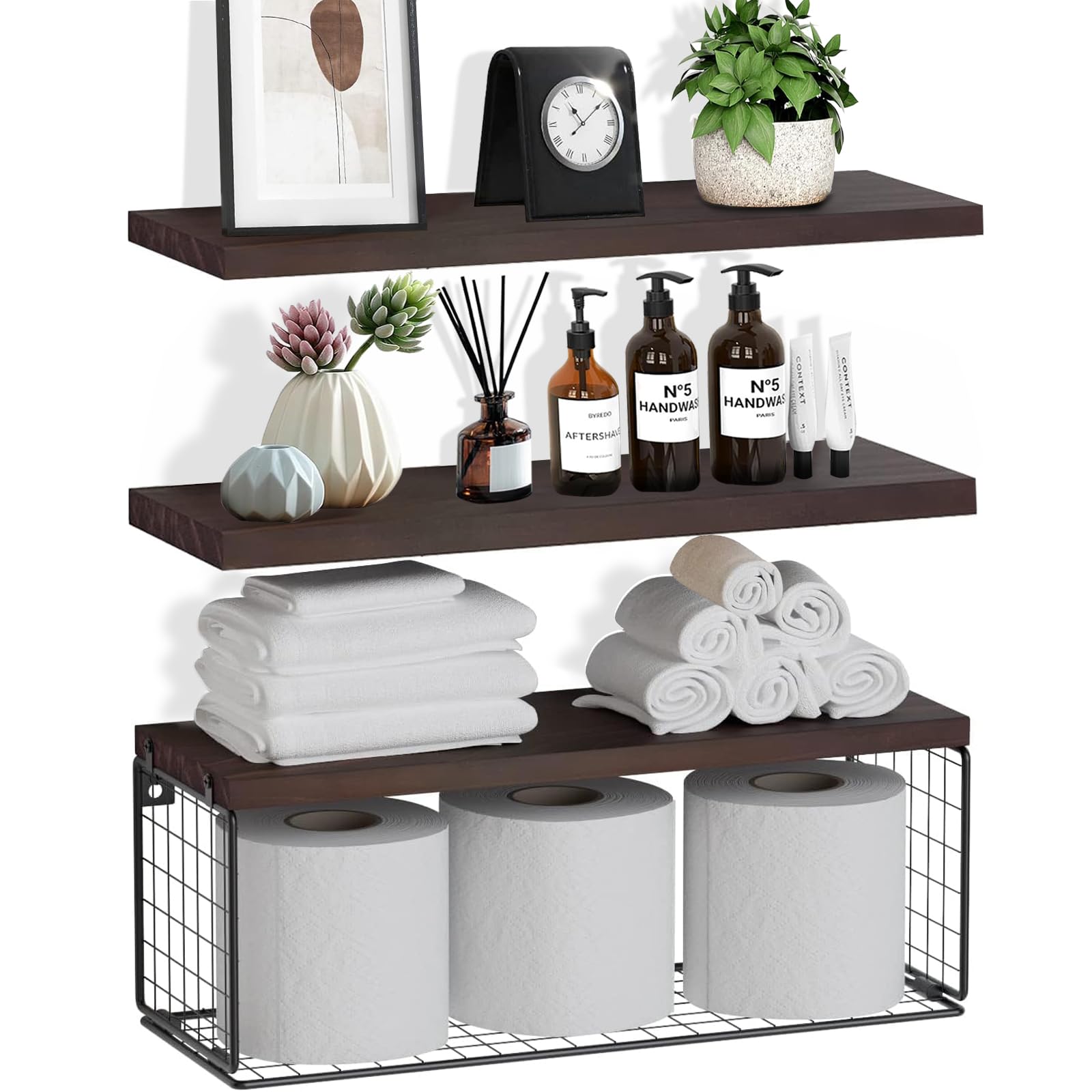 ZVZM Floating Shelves - Wall Shelves with Wire Basket, Over Toilet, Kitchen & Living Room/Office/Plants Decor