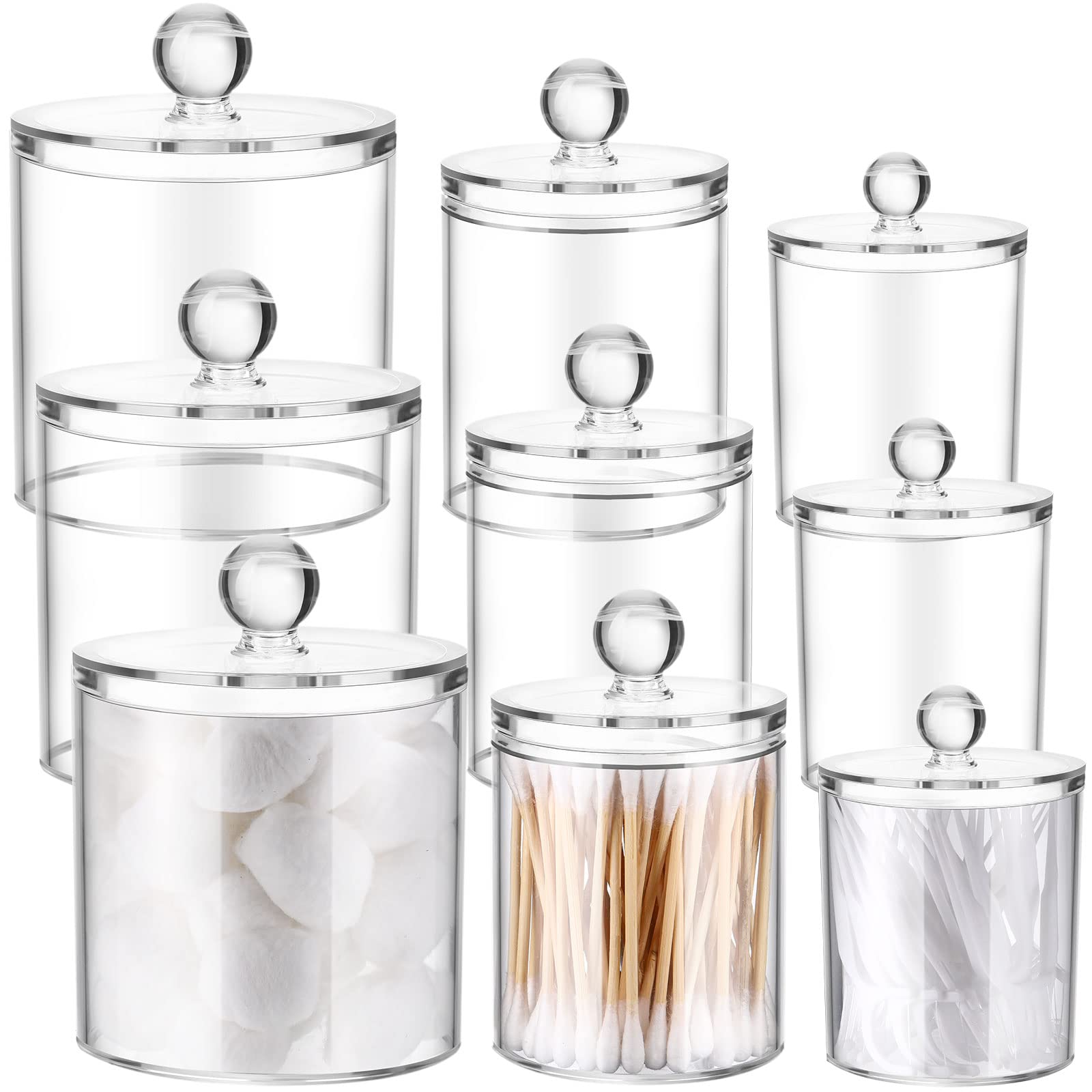 Photo 1 of **PARTIAL SET/ MISSING LIDS** Meanplan Plastic Apothecary Jars with Lids Acrylic Holder Dispenser for Bathroom, 10/22/39 oz Clear Plastic Storage Jars Floss Container for Swab Cotton Ball, 3 Sizes(9 Pack,Acrylic Lid)