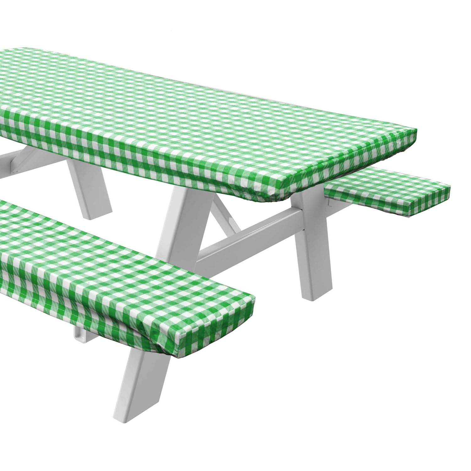 Sorefy Vinyl Picnic Table and Bench Fitted Tablecloth Cover, Checkered Design, Flannel Backed Lining, 28 x 72 Inch, 3-Piece Set, Green