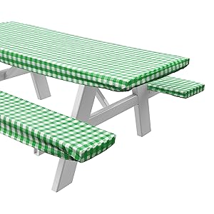 Sorefy Vinyl Picnic Table and Bench Fitted Tablecloth Cover, Checkered Design, Flannel Backed Lining, 28 x 72 Inch, 3-Piece Set, Green