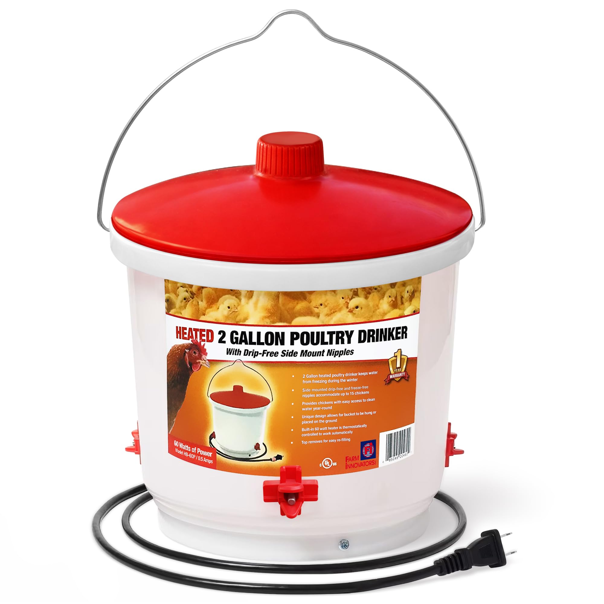 Photo 1 of ***MISSIMNG TOP***Farm Innovators Heated Waterer with Lid, 60W Hanging Water Dispenser - 2 Gallon Poultry Drinker Bucket with Red Top for Chickens, Turkeys, and Geese***MISSIMNG TOP***