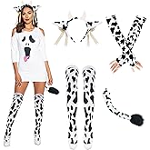 Popuid 4Pcs Womens Cow Ears Headband & Tail Costume Set, Cows Print Arm Sleeves & Socks for Halloween Adults Cosplay Accessories (Black & White)