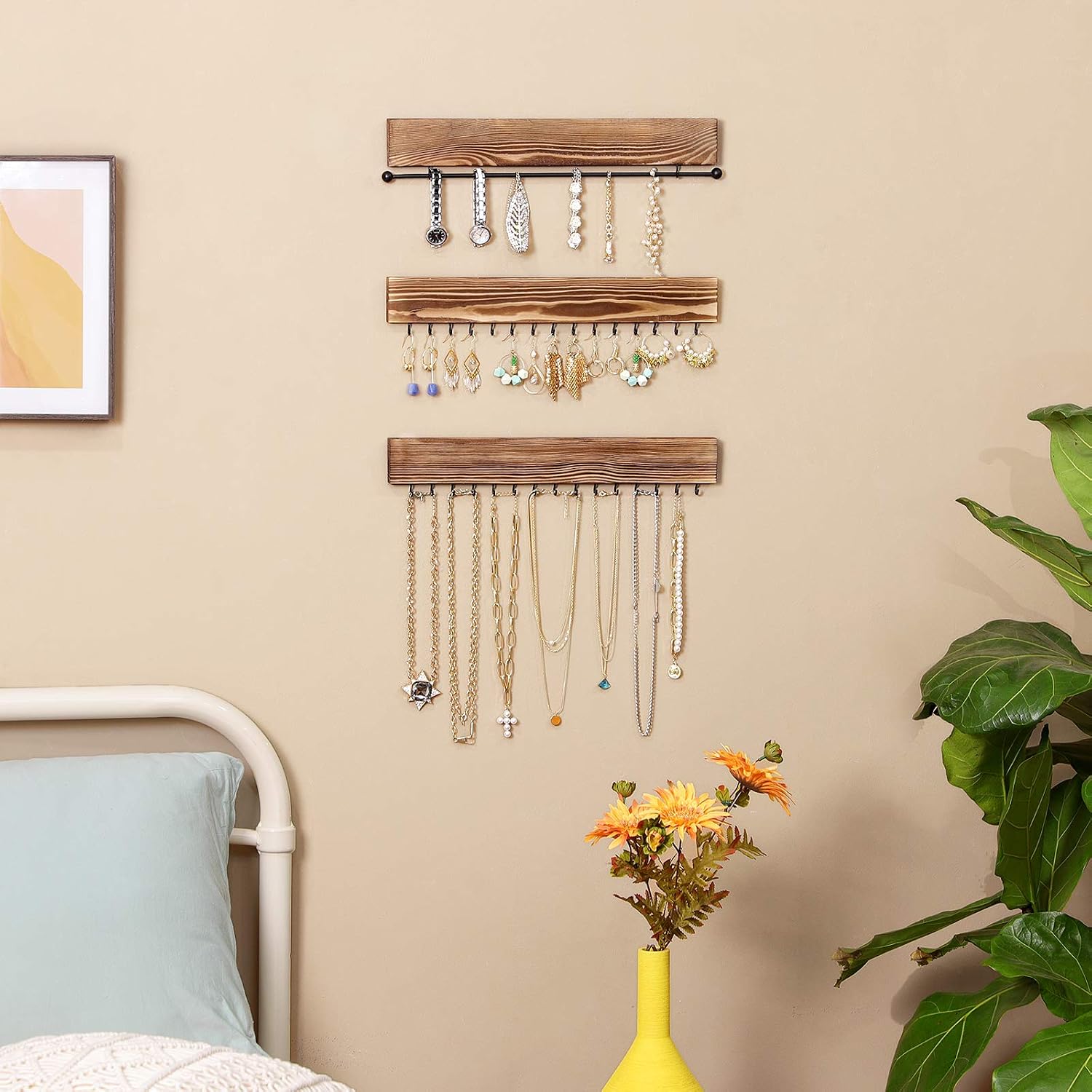 SONGMICS Wall-Mounted Jewellery Organisers, Set of 3, Hanging Jewellery Holders with Bracelet Rod, 30 Hooks - Image 4