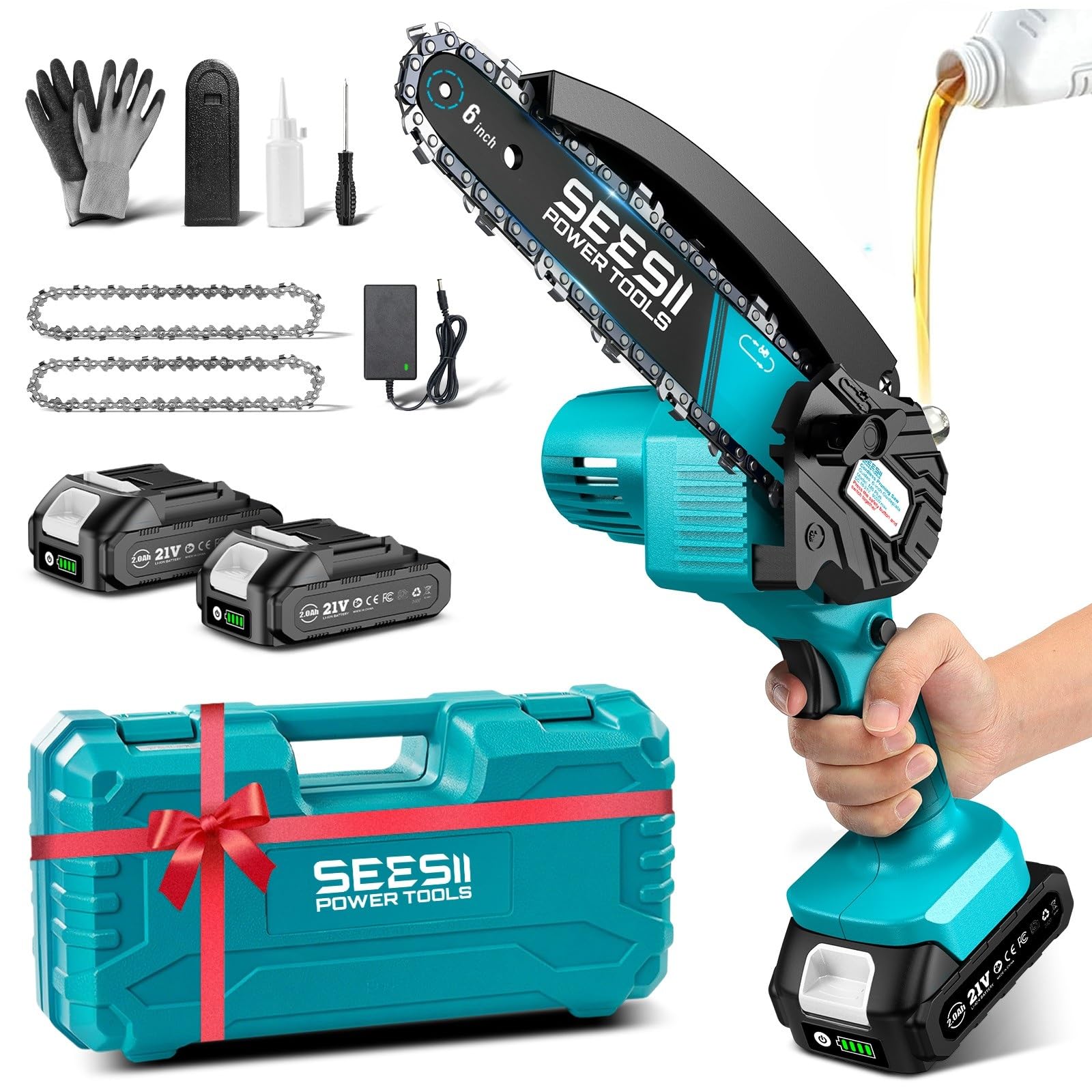 Seesii Mini-Kettensäge mit Akku, 6 Zoll, elektrische Kettensäge, kabellos, mit Schmiermittelinjektor und 2 Batterien, Mini-Kettensäge, wiederaufladbar, 2 Ketten