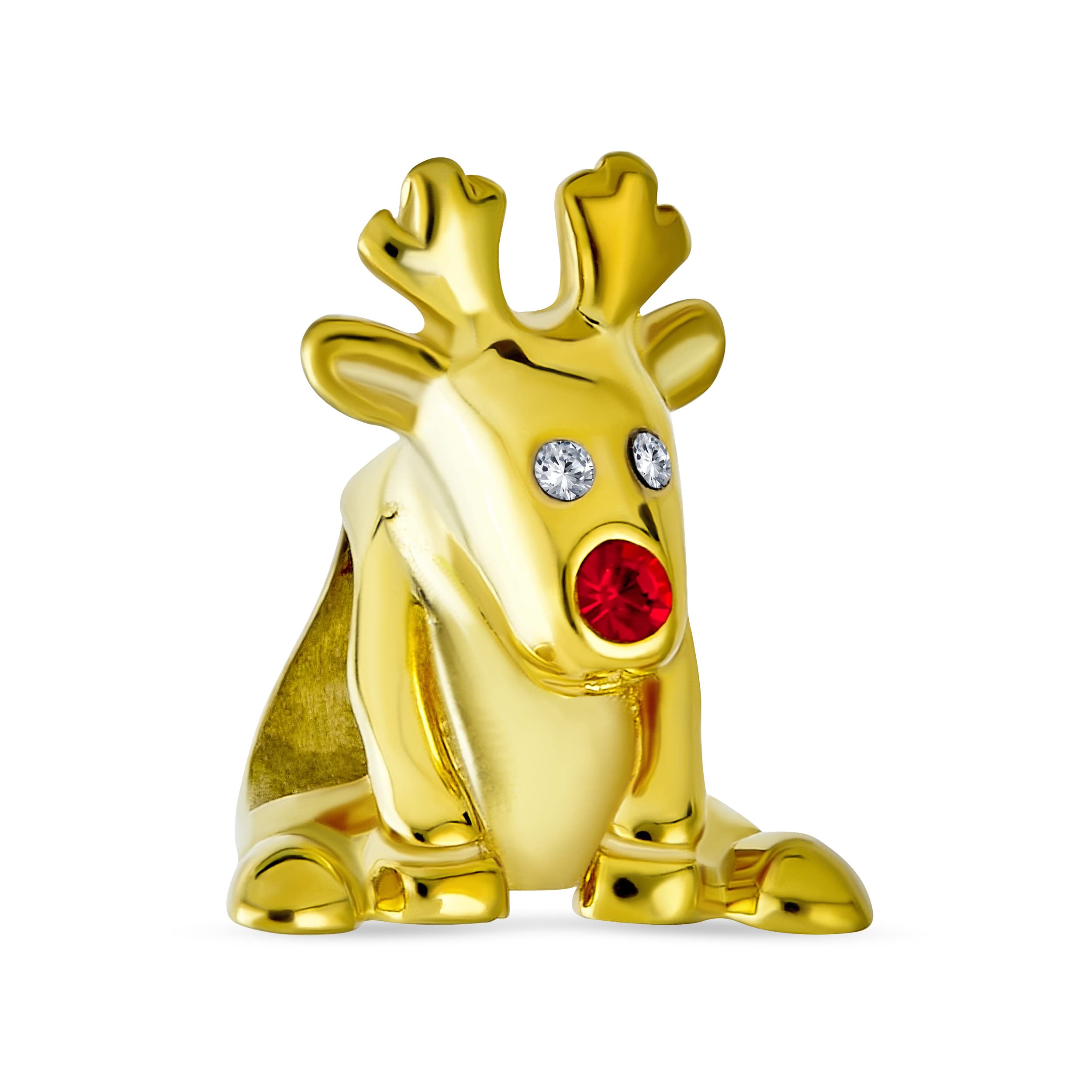 Bling Jewelry Caribou Elk Christmas Rudolph Reindeer Red Nose Holiday Charm Bead For Women Teen 14K Gold Plated .925 Sterling Silver Fits European Bracelet