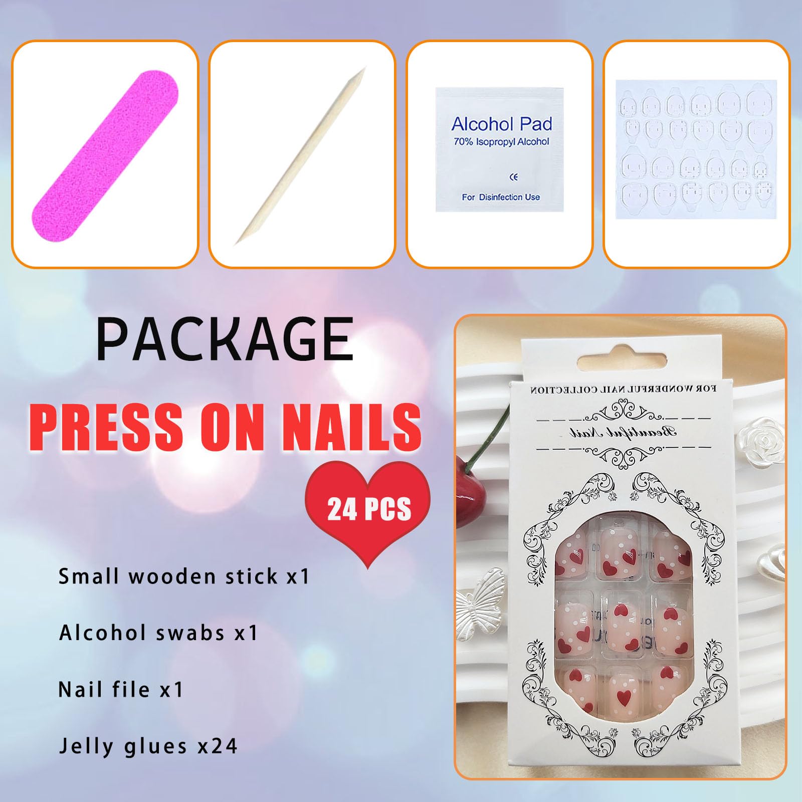 Press on Nails Short Square Fake Nails with Heart Designs Short Nails Press ons for Women Light Pink Full Cover Acrylic Glue on Nails 24 Pcs - Image 6
