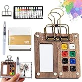 Mini Watercolor Travel Paint Set, Travel Watercolor Set, Portable Artist Palette Sets with Colours, Book,Binder Clips,Pens,Wooden Paint Box for Painters Artists Student (8 Grids)