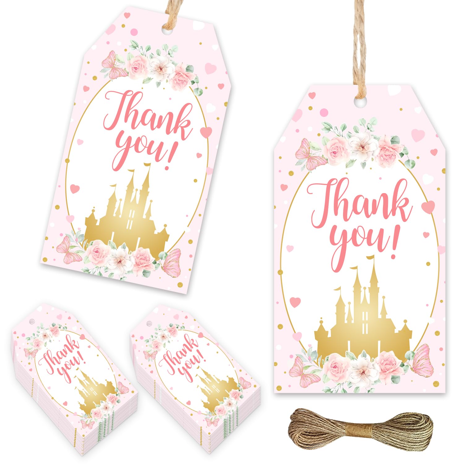 Photo 1 of 50Pcs Princess Theme Thank You Tags Pink Floral Birthday Thank You Gift Tags Castle Thank You Paper Tags Hanging Labels for Girl Baby Shower Princess 1st 2nd 3rd Birthday Party Supplies