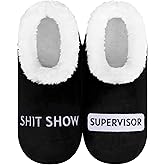 Snoozies Pairable Slipper Socks -Funny Quote House Slippers for Women, Non-Slip Fuzzy -Supervisor- Black-Small