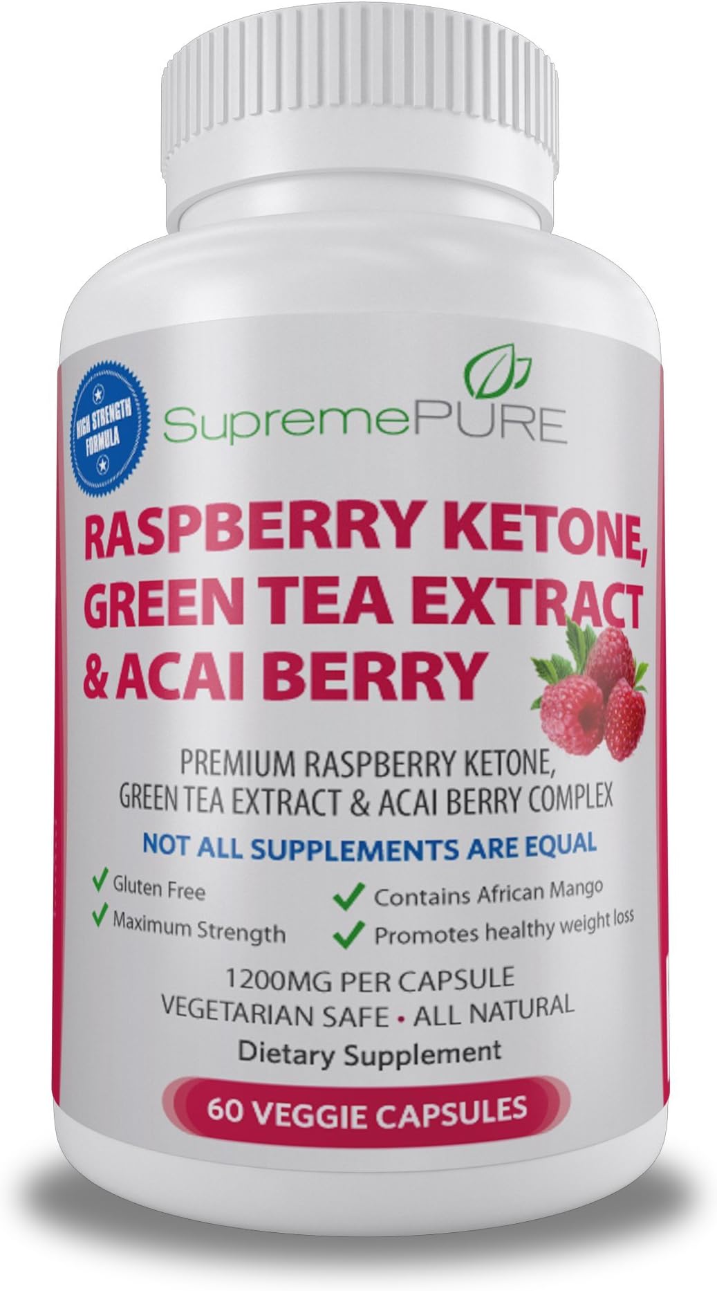 Supreme Pure 1200mg Raspberry Ketones, Green Tea Extract, Acai Berry, and African Mango Dietary Supplement
