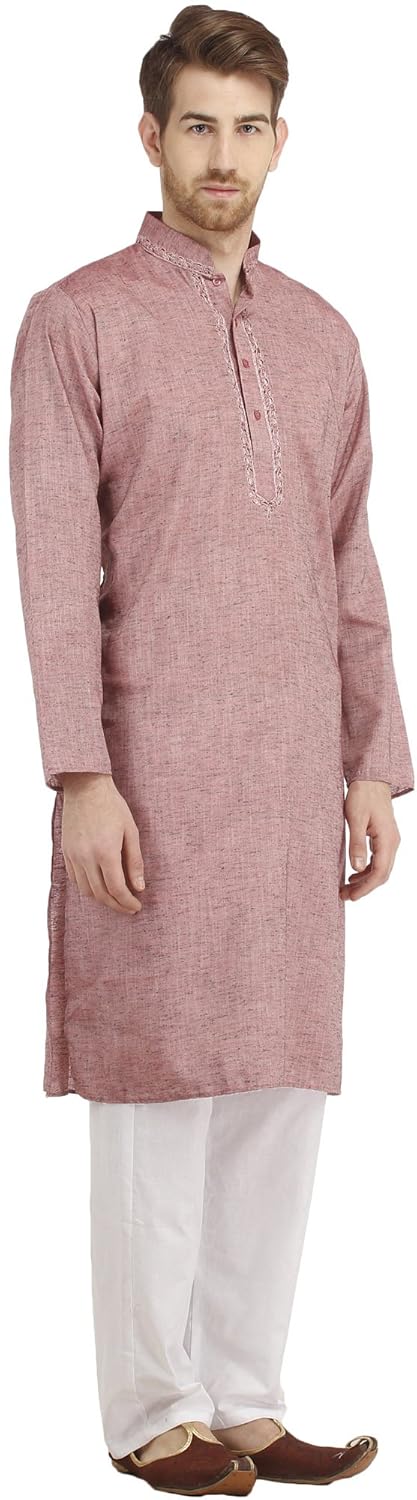 exotic india plain khadi kurta pyjama with embroidery on neck