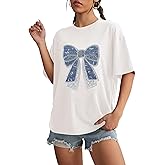 OYOANGLE Women's Casual Summer Loose Oversized Tee Sequin Sparkly Bowknot Top Short Sleeve Crew Neck Tshirt