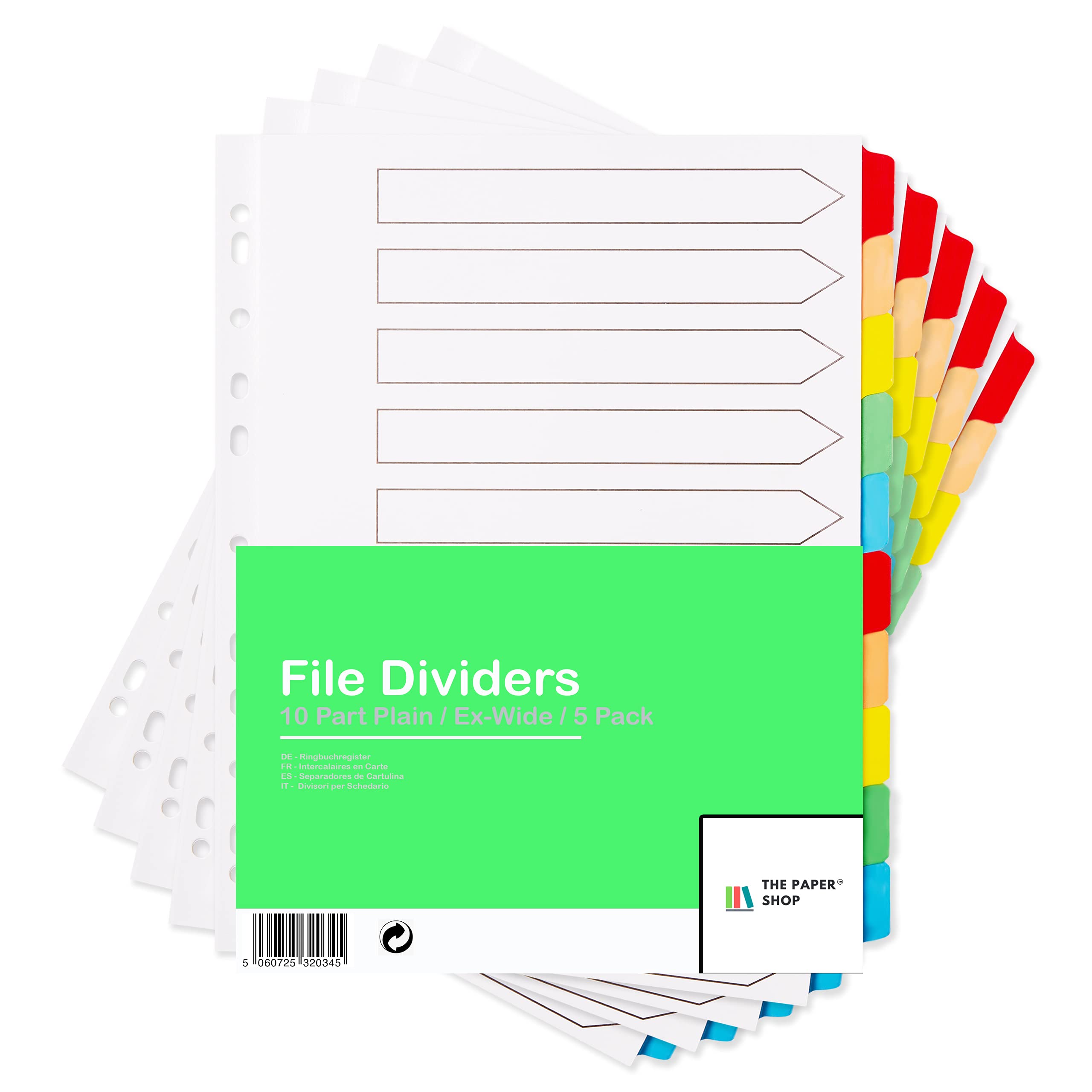 [5 Pack] A4+ File Dividers Extra Wide 10 Part Plain Tabs A4+ Extra Wide Subject Dividers 10 Part Without Numbers Multipunched Reinforced Colour Tabs 150gsm
