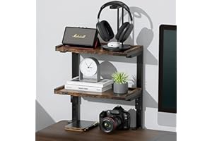 OUTIOE 2-Tier Desk Shelf, Expandable Under Desk Storage, Clamp on Desk Shelf, Desktop Accessories for Offices, Study Rooms, and Game Rooms (Wood)