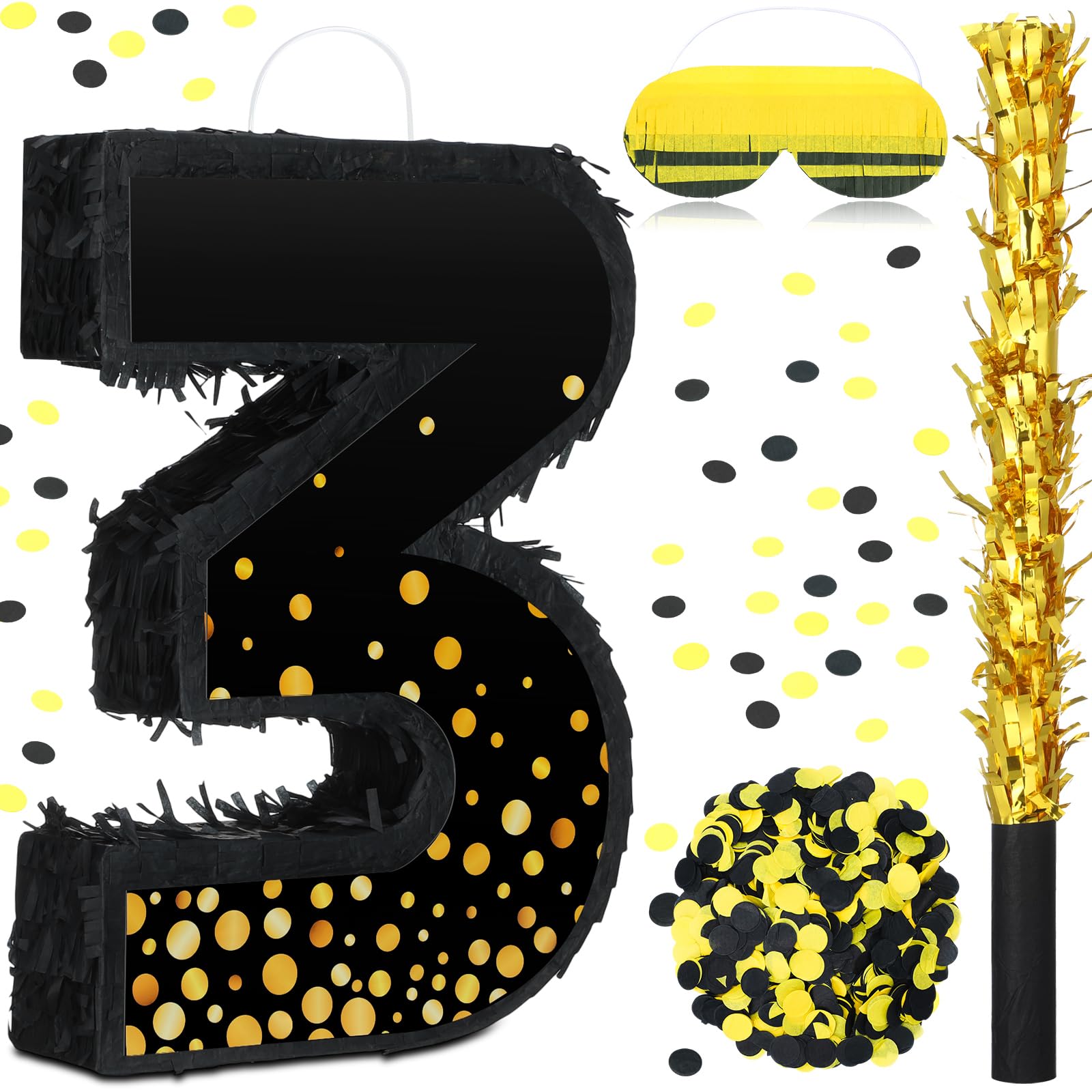 Photo 1 of Poen Pinata for Birthday Party Decorations Black Gold Pinata with Blindfold Stick Confetti and Eye Mask for Party Supply Anniversary Baby Shower Retirement Supplies(Number 3)