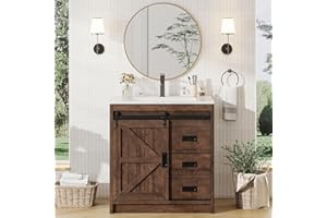 Jocisland 31in Farmhouse Bathroom Vanity with Sink Combo, Small Single Bathroom Vanity Cabinet with Sliding Barn Doors & Draw