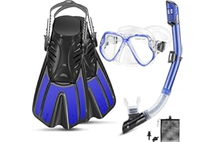 PIYAZI Snorkeling Gear for Adults, 4 in 1 Adult Snorkel Set with Panoramic View Snorkel Mask, Dry Top Snorkel, Adjustable Short Fins and Travel Bag, Snorkel Set with Fins for Snorkeling Diving