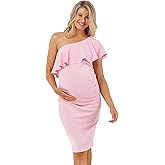 LaClef Women's Maternity Ruffled One Shoulder Side Ruching Dress