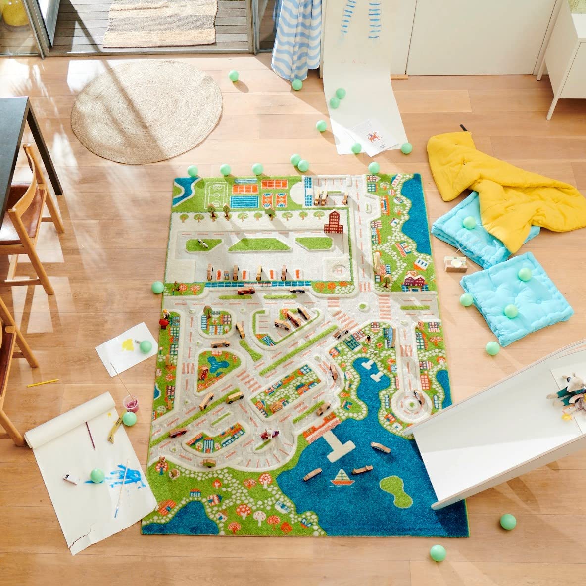 Photo 1 of IVI Mini City Thick 3D Educational Play Mat Rug for Bedroom or Playroom, 86'L x 59'W, Non-Toxic Safe Play Area Learn with Cars and Toys