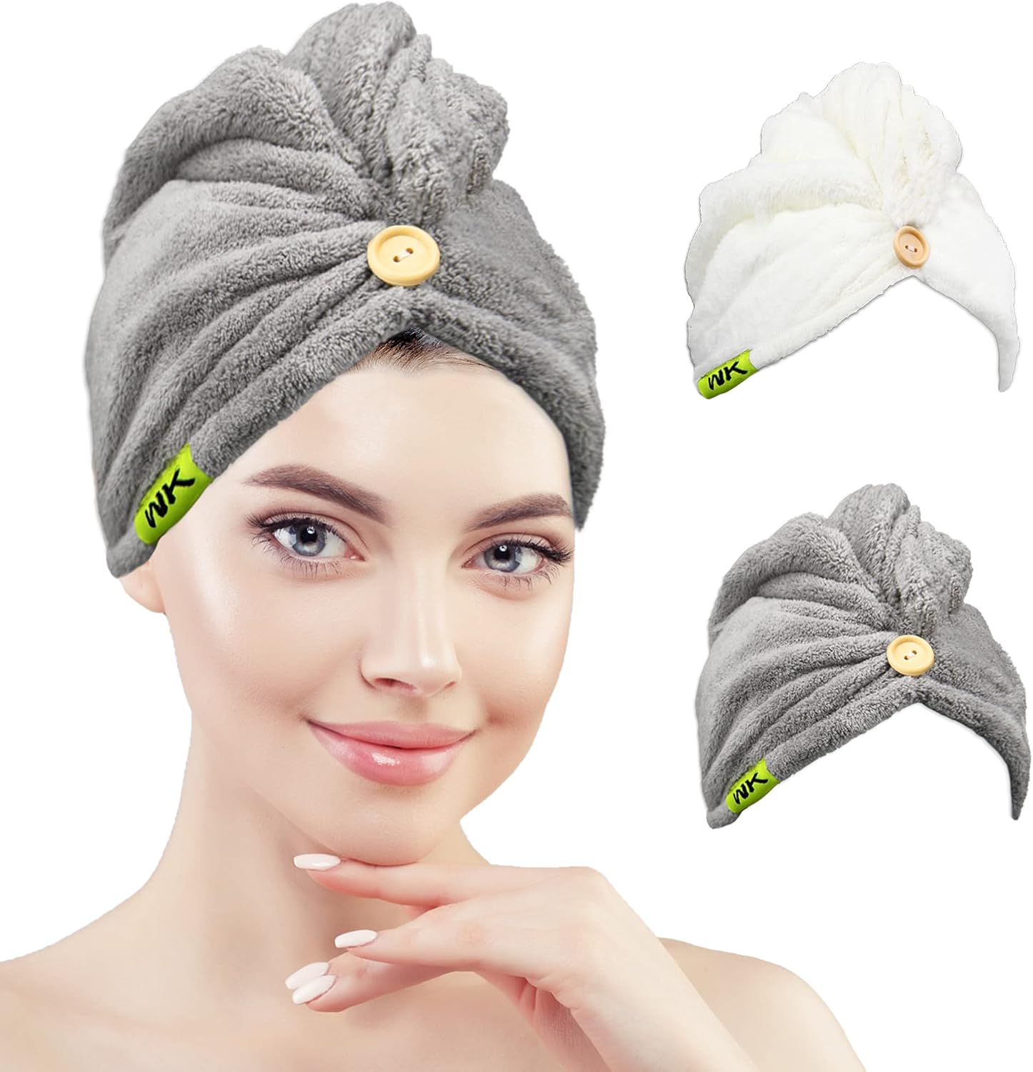 WK Microfiber Hair Drying Towel for Women - Ultra Absorbent Quick Dry Hair Turban, Original Magic Instant Hair Dry Wrap, Hair Care Cap for Bath, 2 Pieces 25 x 10 Inch Box (White & Gray): Kitchen & Dining