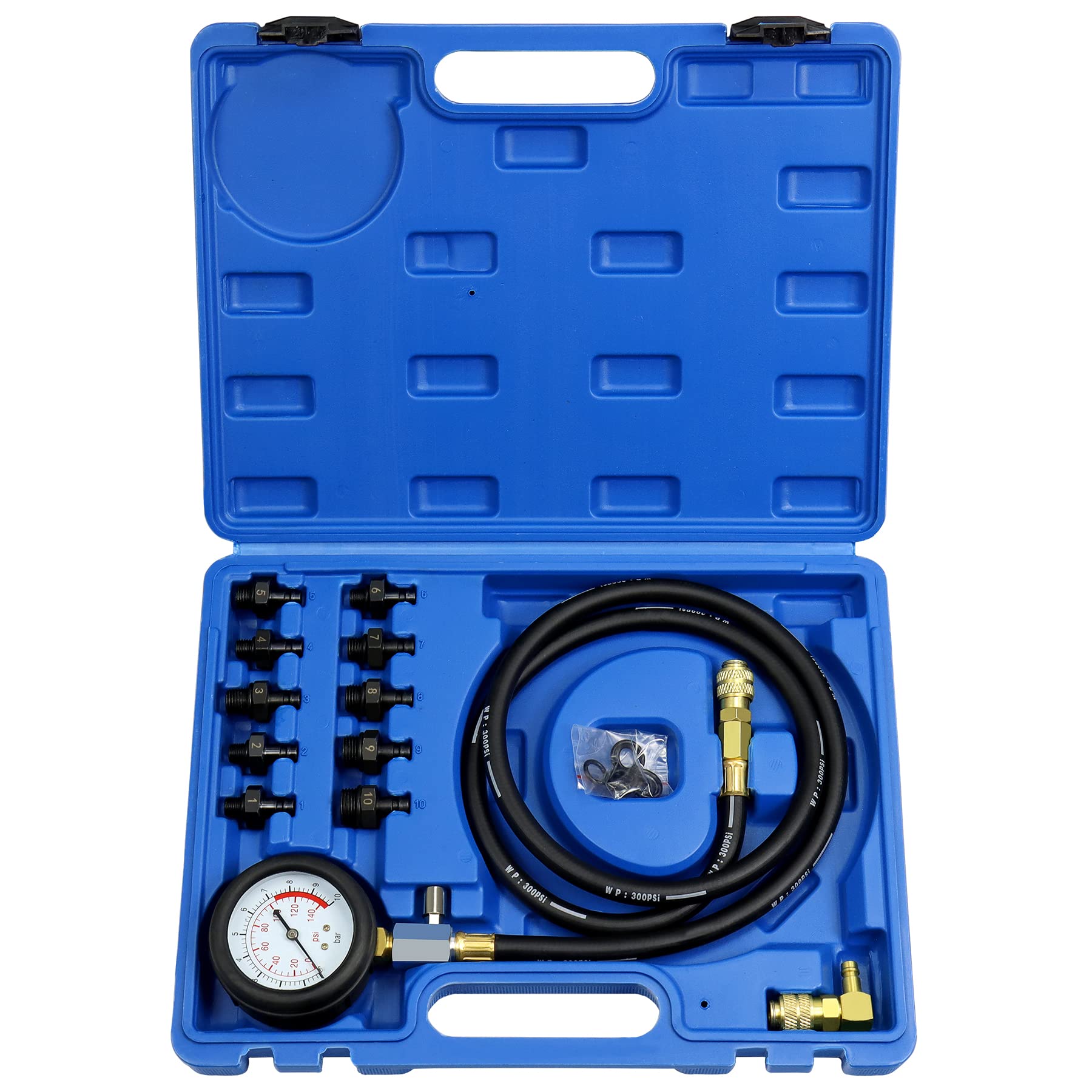 Photo 1 of JoyFans Oil Pressure Tester Tool, 0-140PSI Oil Pressure Gauge Kit for Fuel System Mechanical Sensor Engine Cylinder Compression Test with Hose Adapters for Cars ATVs Trucks Use Blue Case