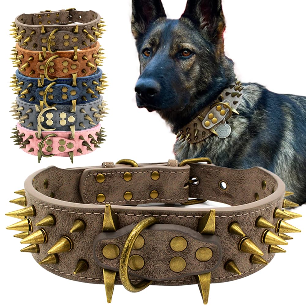 The Mighty Large Spiked Studded Dog Collar,Protect The Dog’s Neck from Bites. (Grey S)- Fit Medium & Large Dogs