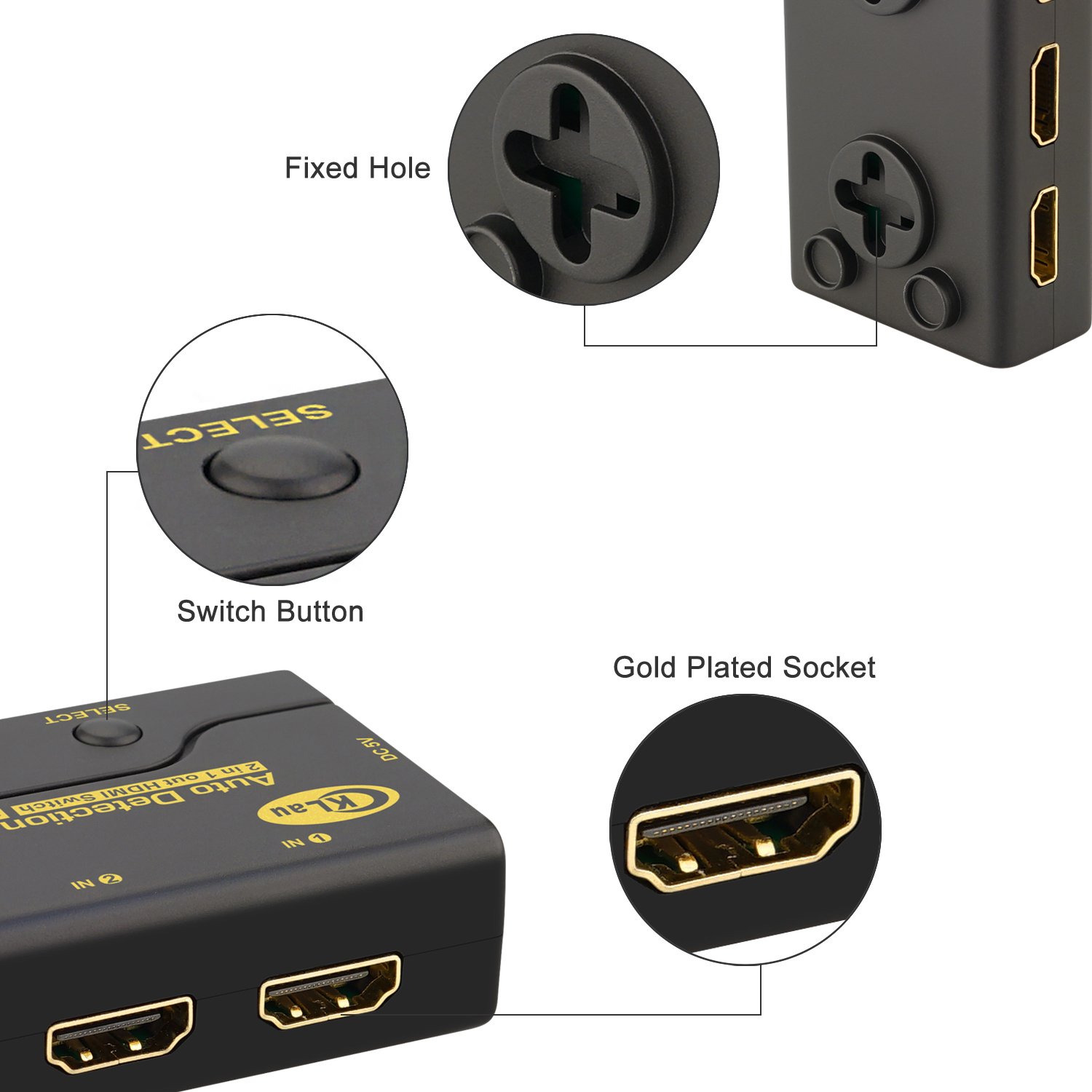 CKLau 2 Port HDMI Switch 2 In 1 Out Auto HDMI Switch Box Supports Full HD 1080P 3D for HDTV, Apple TV, Roku, Fire Stick, PC, Laptop, Xbox 360, PS3, PS4, Blu-Ray Player, Nintendo Switch, DVD