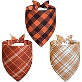 Agroon Fall Dog Bandanas Large 3PCS, 6 Pattern Thanksgiving Scarf for Boy and Girl, Plaid and Stripe Triangle Reversible Bibs
