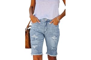 Metietila Women's Ripped Mid-Rise Denim Bermuda Shorts Frayed Raw Hem Stretch Jean Shorts
