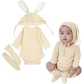 AGQT Newborn Baby Bunny Costume 1st Easter Outfit 3PCS Long Sleeve Romper Baby Boys Halloween Costume Size 0-6 Months