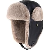 PU Leather Trapper Hat with Faux Fur Lining Warm Aviator Hat - Durable Stylish Winter Headwear for Skiing Hunting