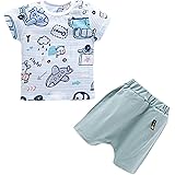 Junjie Summer New Baby Outfits, Toddler Baby Boys Dinosaur Cartoon Print T-shirt Stripe Short Sleeve Crewneck Tops + Solid Loose Shorts Outfits Soft Cotton Clothes Sets