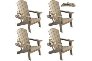 FOOWIN Folding Adirondack Chair Set of 4, HDPE Adirondack Chairs with Cup Holder, Weather Resistant Plastic Fire Pit Chairs for Outdoor, Patio, Lawn, Garden, Backyard, Deck, Brown